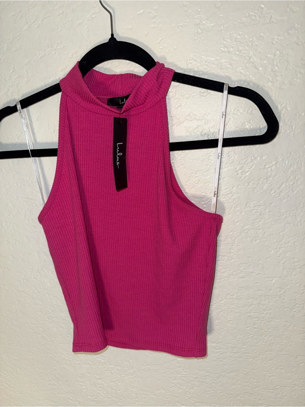 Lulu's Hot Pink Ribbed Mock Neck Cropped Tank